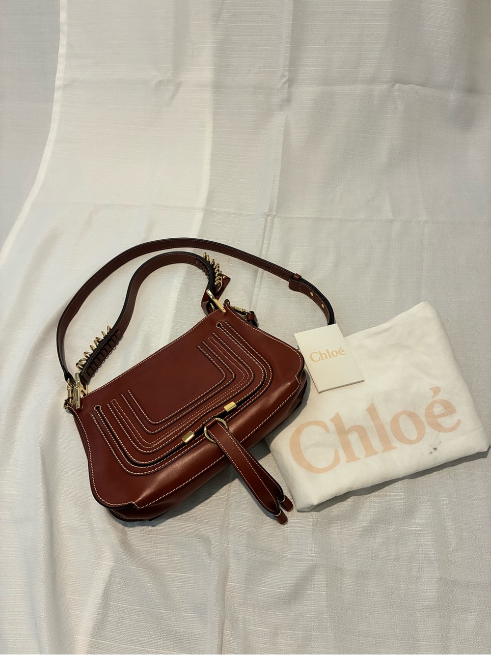 Chloe Marcie Brown Leather Shoulder Bag Gold Hardware Detachable Long Strap
